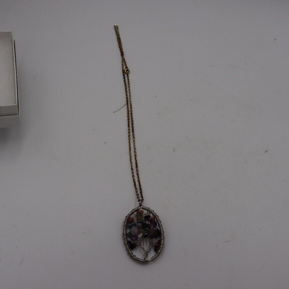 Handmade Multi-Colored Stone Wire Tree of Life Pendant Necklace Tarnished Chain - Picture 6 of 6
